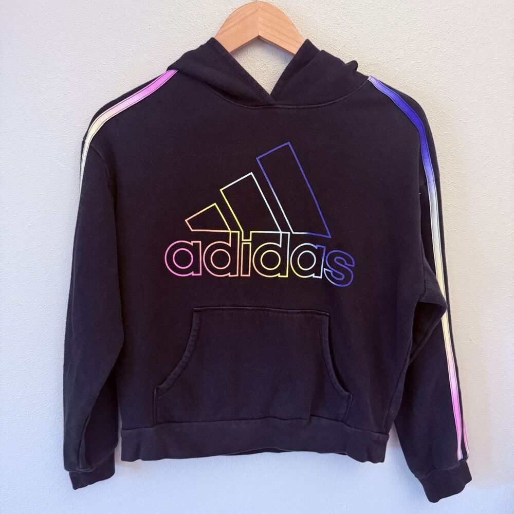 Adidas Rainbow Striped Hooded Sweatshirt Girls Size 16 preppy gym volleyball